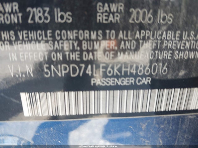 Aukcja sprzedaży 2019 Hyundai Elantra Se, vin: 5NPD74LF6KH486016, numer aukcji: 46008066