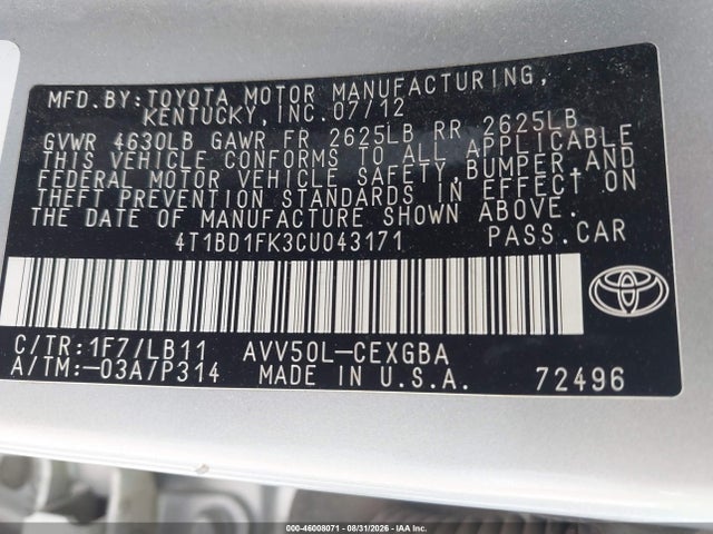 Продаж на аукціоні авто 2012 Toyota Camry Hybrid Xle, vin: 4T1BD1FK3CU043171, номер лоту: 46008071