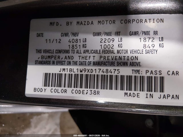 Aukcja sprzedaży 2013 Mazda Mazda3 S Grand Touring, vin: JM1BL1W9XD1748475, numer aukcji: 46008081