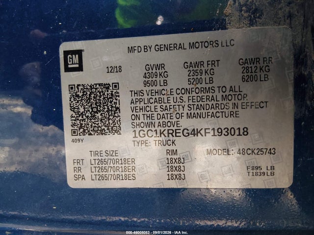 Продажа на аукционе авто 2019 Chevrolet Silverado 2500hd Wt, vin: 1GC1KREG4KF193018, номер лота: 46008083