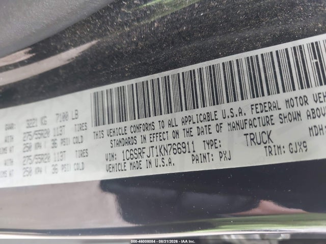 Auction sale of the 2019 Ram 1500 Laramie  4x4 5'7 Box, vin: 1C6SRFJT1KN766911, lot number: 46008084