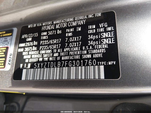Aukcja sprzedaży 2015 Hyundai Santa Fe Sport 2.4l, vin: 5XYZTDLB7FG301760, numer aukcji: 46008086