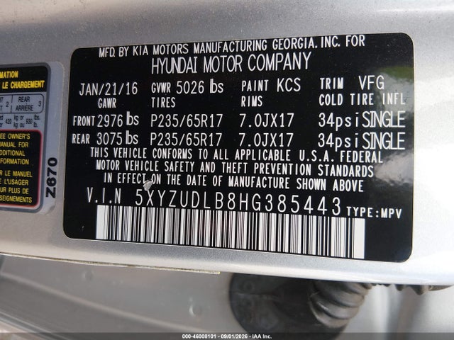 46008101 :رقم المزاد ، 5XYZUDLB8HG385443 vin ، 2017 Hyundai Santa Fe Sport 2.4l مزاد بيع