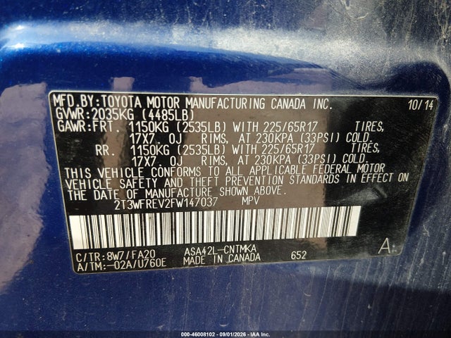 46008102 :رقم المزاد ، 2T3WFREV2FW147037 vin ، 2015 Toyota Rav4 Xle مزاد بيع