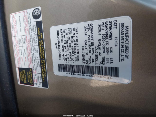 Aukcja sprzedaży 2005 Infiniti Fx35, vin: JNRAS08W45X208047, numer aukcji: 46008107