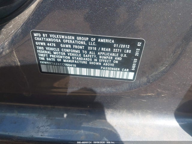 Продаж на аукціоні авто 2012 Volkswagen Passat 2.5l Se, vin: 1VWBH7A3XCC050410, номер лоту: 46008124