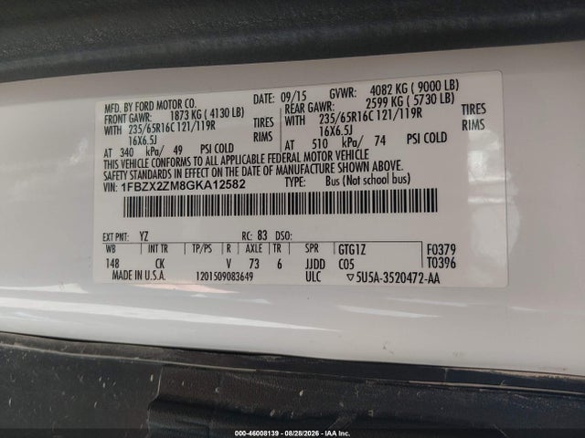 Продаж на аукціоні авто 2016 Ford Transit-350 Xlt, vin: 1FBZX2ZM8GKA12582, номер лоту: 46008139