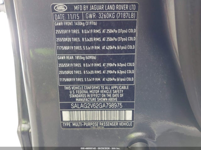 46008145 :رقم المزاد ، SALAG2V62GA798975 vin ، 2016 Land Rover Lr4 مزاد بيع