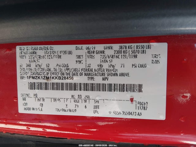 Продаж на аукціоні авто 2019 Ford Transit-150 Xl, vin: 1FMZK1ZM1KKB28456, номер лоту: 46008148