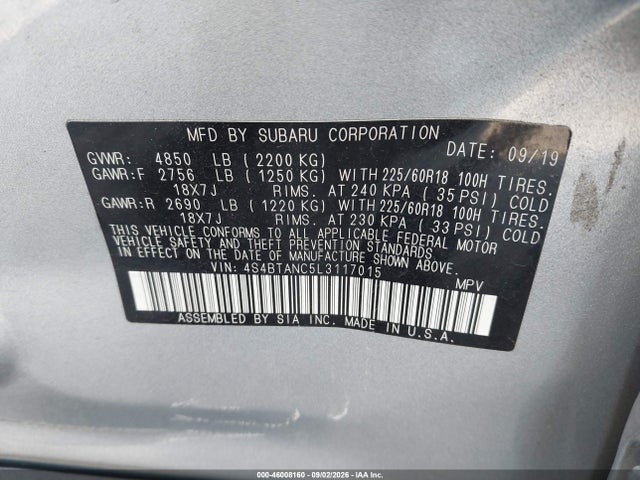 46008160 :رقم المزاد ، 4S4BTANC5L3117015 vin ، 2020 Subaru Outback Limited مزاد بيع