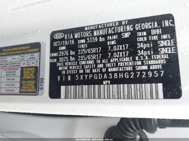 Продаж на аукціоні авто 2017 Kia Sorento 2.4l Lx, vin: 5XYPGDA38HG272957, номер лоту: 46008169