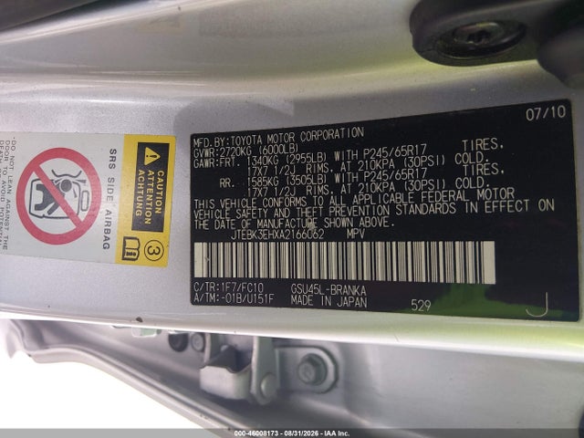 46008173 :رقم المزاد ، JTEBK3EHXA2166062 vin ، 2010 Toyota Highlander Base V6 مزاد بيع