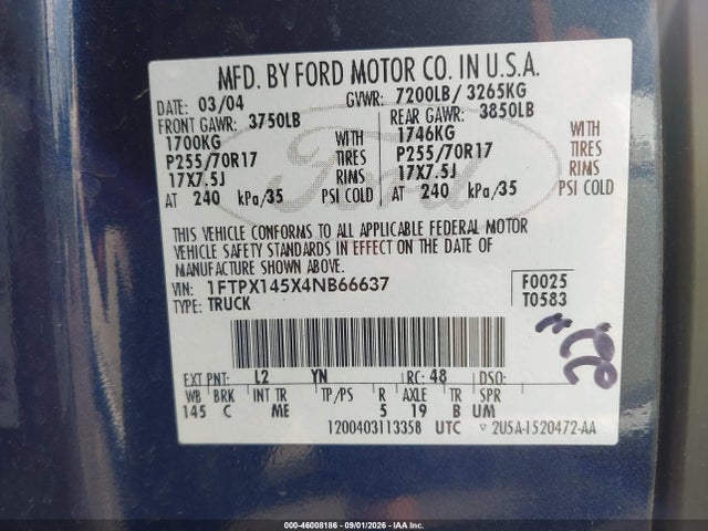 Продажа на аукционе авто 2004 Ford F-150 Fx4/lariat/xl/xlt, vin: 1FTPX145X4NB66637, номер лота: 46008186
