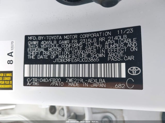 Продажа на аукционе авто 2024 Toyota Corolla Hybrid Le, vin: JTDBCMFE6RJ023865, номер лота: 46008188