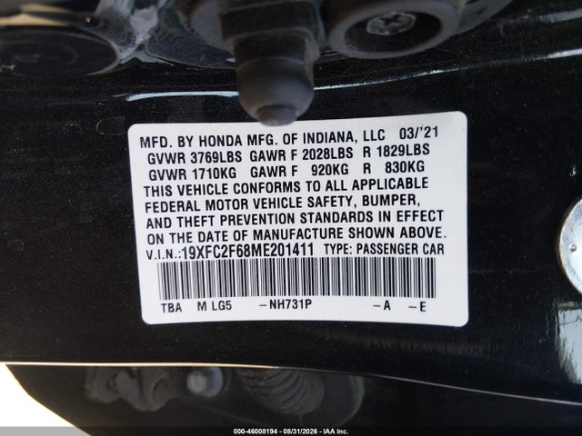 2021 Honda Civic Lx მანქანა იყიდება აუქციონზე, vin: 19XFC2F68ME201411, აუქციონის ნომერი: 46008194