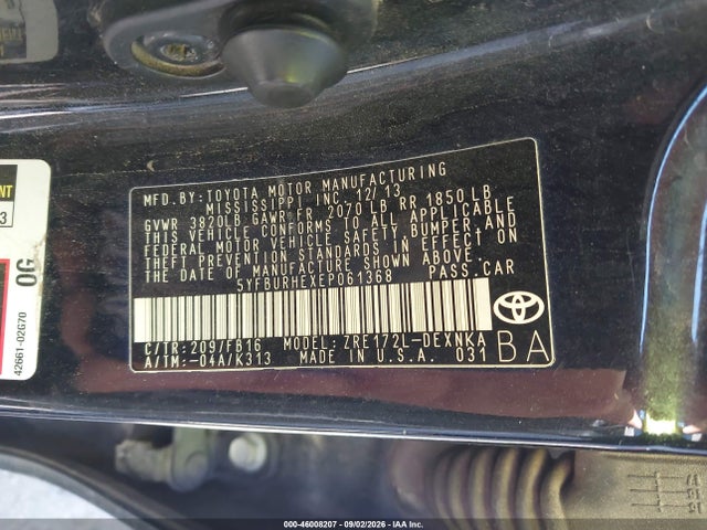 2014 Toyota Corolla Le მანქანა იყიდება აუქციონზე, vin: 5YFBURHEXEP061368, აუქციონის ნომერი: 46008207