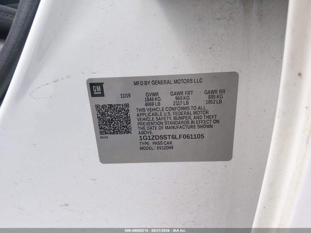 46008210 :رقم المزاد ، 1G1ZD5ST6LF061105 vin ، 2020 Chevrolet Malibu Fwd Lt مزاد بيع
