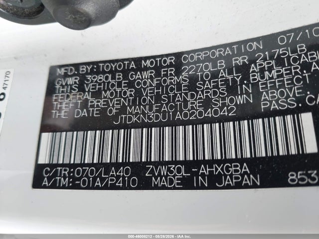 2010 Toyota Prius Iv მანქანა იყიდება აუქციონზე, vin: JTDKN3DU1A0204042, აუქციონის ნომერი: 46008212