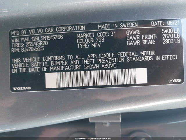 Продажа на аукционе авто 2022 Volvo Xc60 B5 Inscription, vin: YV4L12RL5N1915766, номер лота: 46008213