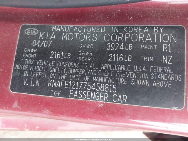 Aukcja sprzedaży 2007 Kia Spectra Ex, vin: KNAFE121775458815, numer aukcji: 46008214