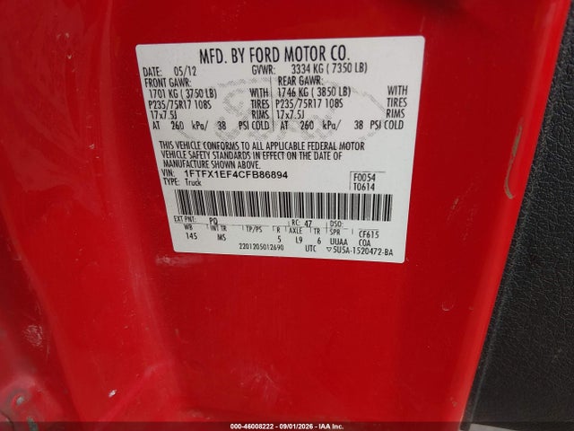 46008222 :رقم المزاد ، 1FTFX1EF4CFB86894 vin ، 2012 Ford F-150 Xlt مزاد بيع