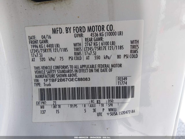 2016 Ford F-250 Xl მანქანა იყიდება აუქციონზე, vin: 1FTBF2B67GEC88083, აუქციონის ნომერი: 46008226