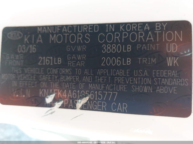 KNAFK4A61G5615777 KIA FORTE LX