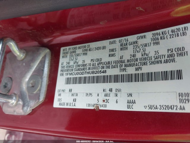 46008252 :رقم المزاد ، 1FMCU0GD7HUB20548 vin ، 2017 Ford Escape Se مزاد بيع