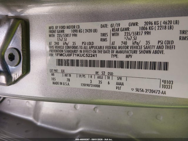 2019 Ford Escape S მანქანა იყიდება აუქციონზე, vin: 1FMCU0F71KUC52241, აუქციონის ნომერი: 46008267