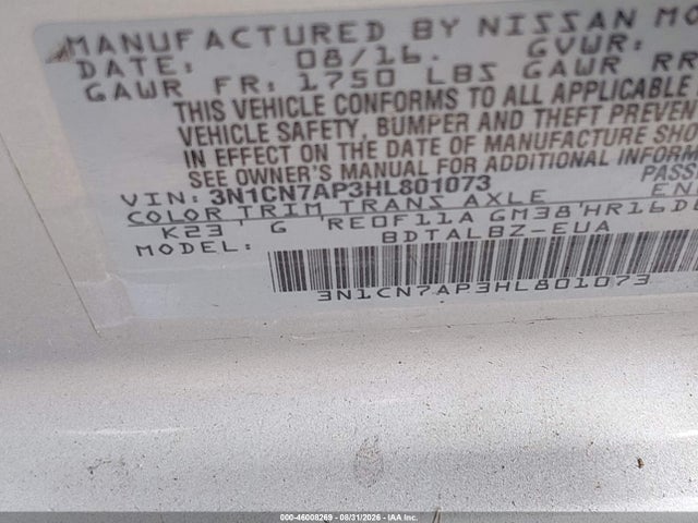 3N1CN7AP3HL801073 Nissan Versa 1.6 S/1.6 S+/1.6 Sl/1.6 Sv