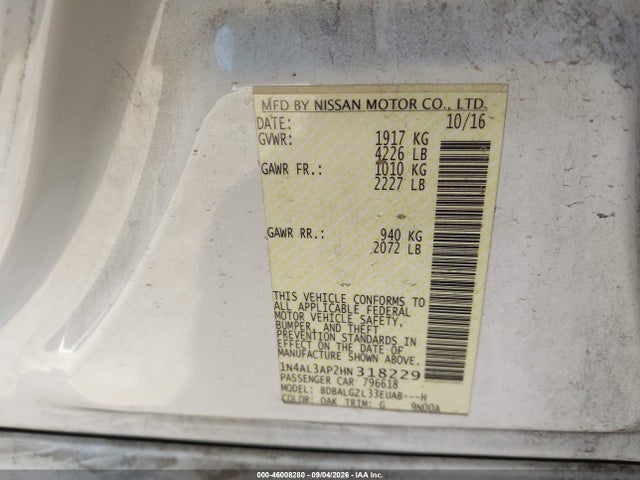 2017 Nissan Altima 2.5 S მანქანა იყიდება აუქციონზე, vin: 1N4AL3AP2HN318229, აუქციონის ნომერი: 46008280