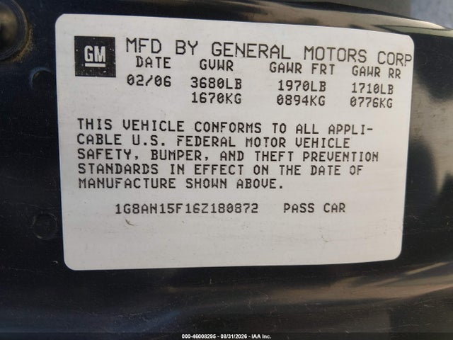 46008295 :رقم المزاد ، 1G8AN15F16Z180872 vin ، 2006 Saturn Ion 2 مزاد بيع