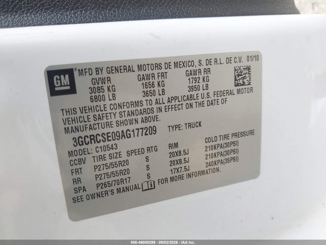 46008299 :رقم المزاد ، 3GCRCSE09AG177209 vin ، 2010 Chevrolet Silverado 1500 Lt مزاد بيع