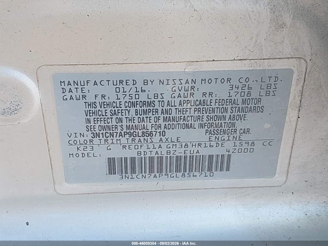 Продаж на аукціоні авто 2016 Nissan Versa 1.6 S/1.6 S+/1.6 Sl/1.6 Sv, vin: 3N1CN7AP9GL856710, номер лоту: 46008304