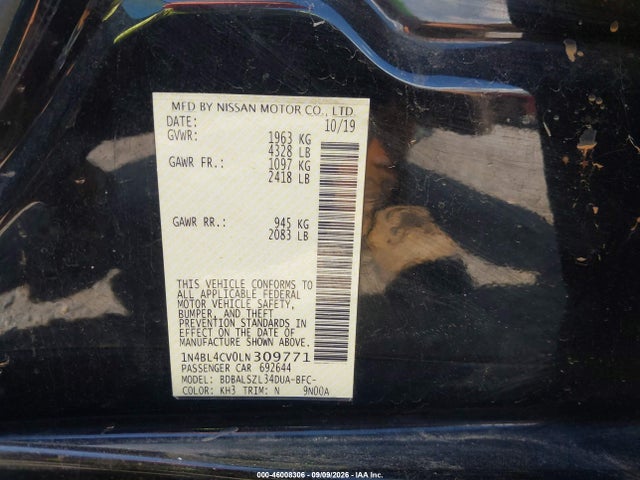 Продаж на аукціоні авто 2020 Nissan Altima Sr Fwd, vin: 1N4BL4CV0LN309771, номер лоту: 46008306