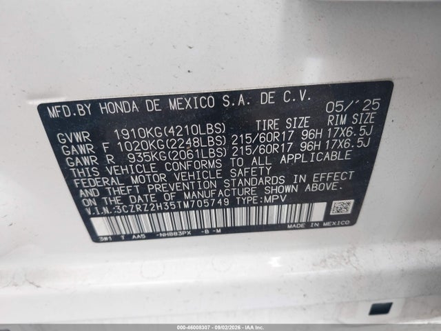 Auction sale of the 2026 Honda Hr-v Awd Lx, vin: 3CZRZ2H35TM705749, lot number: 46008307