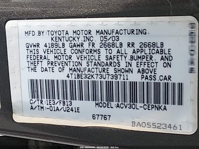 Продажа на аукционе авто 2003 Toyota Camry Le, vin: 4T1BE32K73U739711, номер лота: 46008308