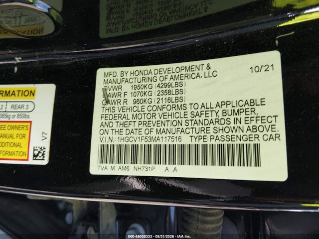 2021 Honda Accord Ex-l მანქანა იყიდება აუქციონზე, vin: 1HGCV1F53MA117516, აუქციონის ნომერი: 46008333
