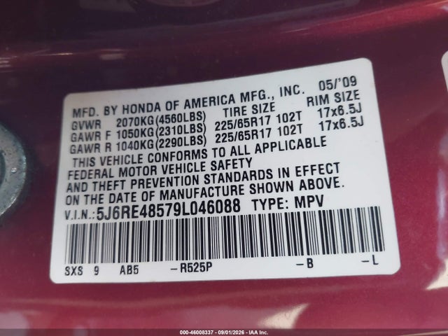 Auction sale of the 2009 Honda Cr-v Ex, vin: 5J6RE48579L046088, lot number: 46008337