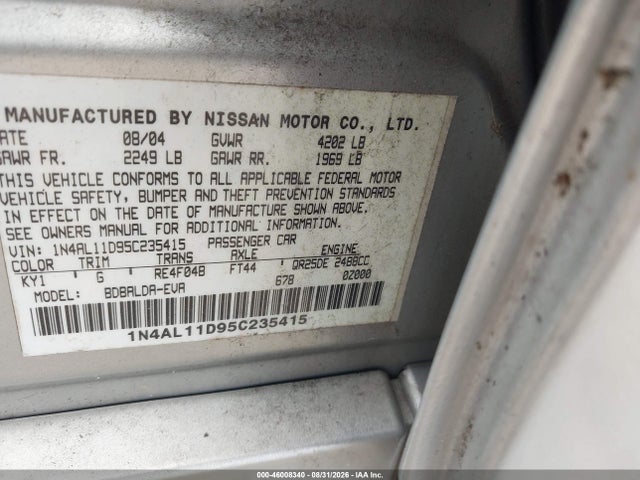 46008340 :رقم المزاد ، 1N4AL11D95C235415 vin ، 2005 Nissan Altima 2.5 S مزاد بيع