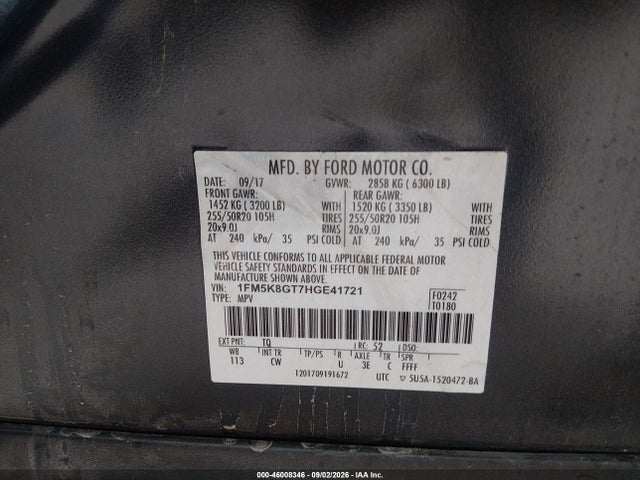 2017 Ford Explorer Sport მანქანა იყიდება აუქციონზე, vin: 1FM5K8GT7HGE41721, აუქციონის ნომერი: 46008346
