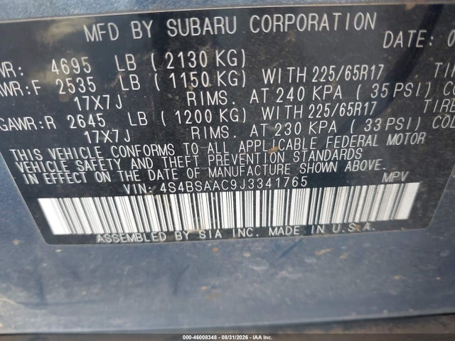 2018 Subaru Outback 2.5i მანქანა იყიდება აუქციონზე, vin: 4S4BSAAC9J3341765, აუქციონის ნომერი: 46008348