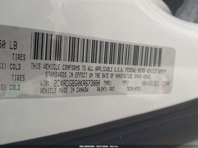 46008366 :رقم المزاد ، 2C4RDGBG0KR673880 vin ، 2019 Dodge Grand Caravan Se مزاد بيع