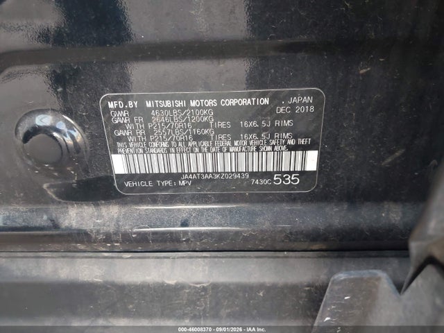 Продаж на аукціоні авто 2019 Mitsubishi Eclipse Cross Es, vin: JA4AT3AA3KZ029439, номер лоту: 46008370
