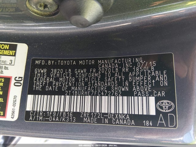 Продаж на аукціоні авто 2015 Toyota Corolla Le, vin: 2T1BURHE7FC472762, номер лоту: 46008376