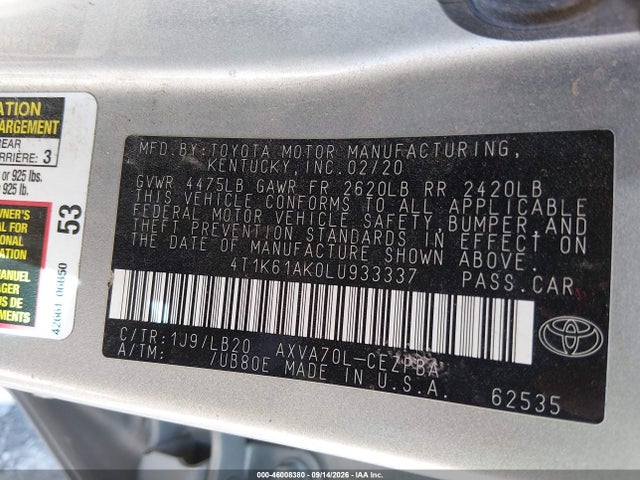 Продаж на аукціоні авто 2020 Toyota Camry Xse, vin: 4T1K61AK0LU933337, номер лоту: 46008380