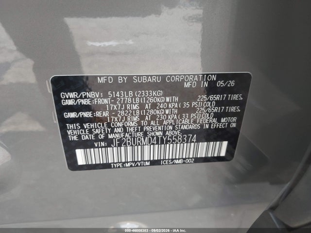 Auction sale of the 2026 Subaru Outback Wilderness, vin: JF2BURMD4TY558374, lot number: 46008383
