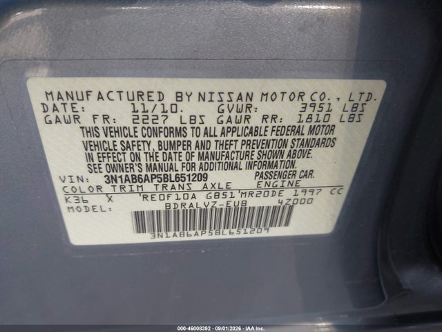 46008392 :رقم المزاد ، 3N1AB6AP5BL651209 vin ، 2011 Nissan Sentra 2.0sl مزاد بيع