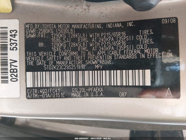 Aukcja sprzedaży 2009 Toyota Sienna Le, vin: 5TDZK23C29S251812, numer aukcji: 46008397
