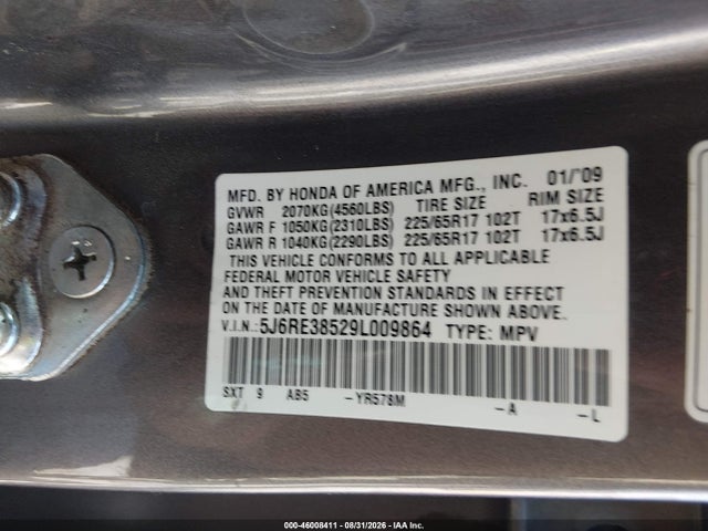 Продаж на аукціоні авто 2009 Honda Cr-v Ex, vin: 5J6RE38529L009864, номер лоту: 46008411